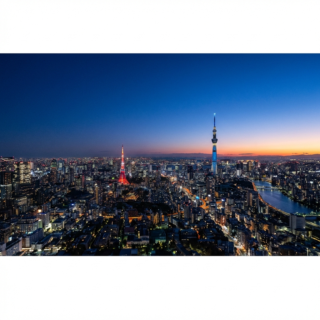 Cinematic Tokyo skyline panorama at blue hour